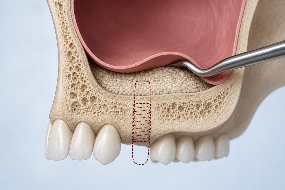 Anatomische Darstellung eines Sinuslifts im Oberkiefer mit Kieferhöhle und Implantat