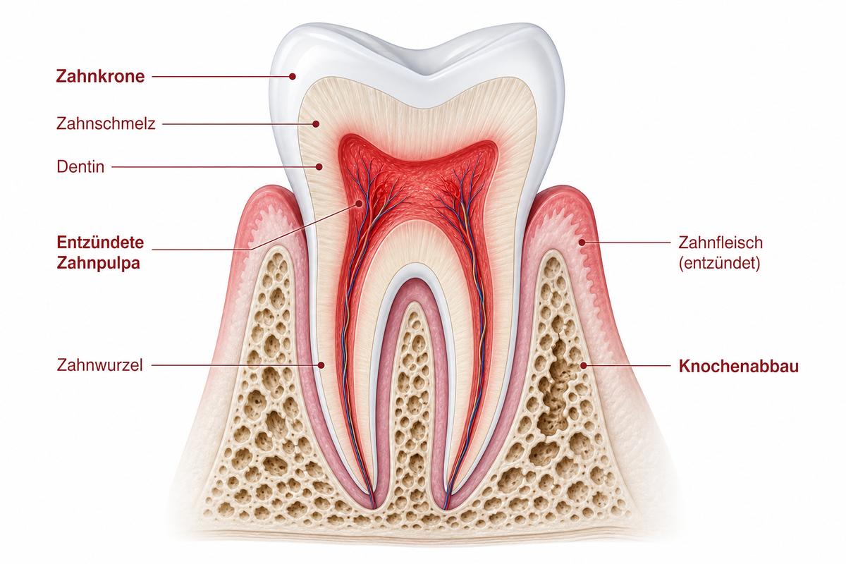 Anatomische Darstellung eines Zahns im Kieferknochen, die eine Pulpitis als Extraktionsgrund zeigt